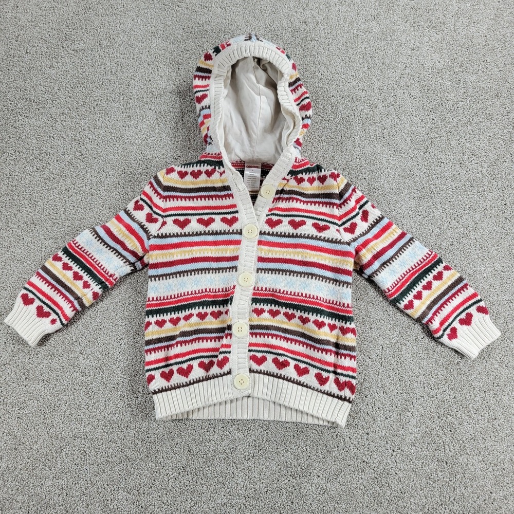 Gymboree Kids Cardigan Sweater 4 Red Beige Fair Isle Heart Print Hooded Cotton